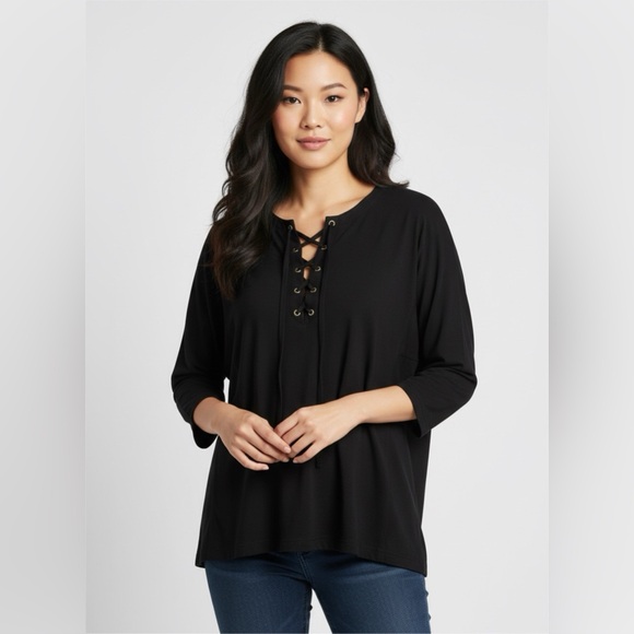 Woman Within Tops - Woman Within Black Lace-Up Blouse